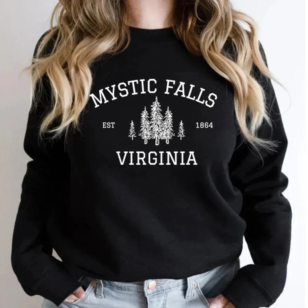 MYSTIC FALLS Women  autumn and winter fashion sweatshirt digital printing round neck drop shoulder long sleeve sweatshirt