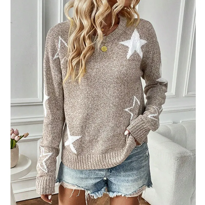 Five Pointed Star Jacquard Trendy Design Loose O-neck Knitted Pullover Long Sleeved Autumn Winter Casual Women's Sweater 3