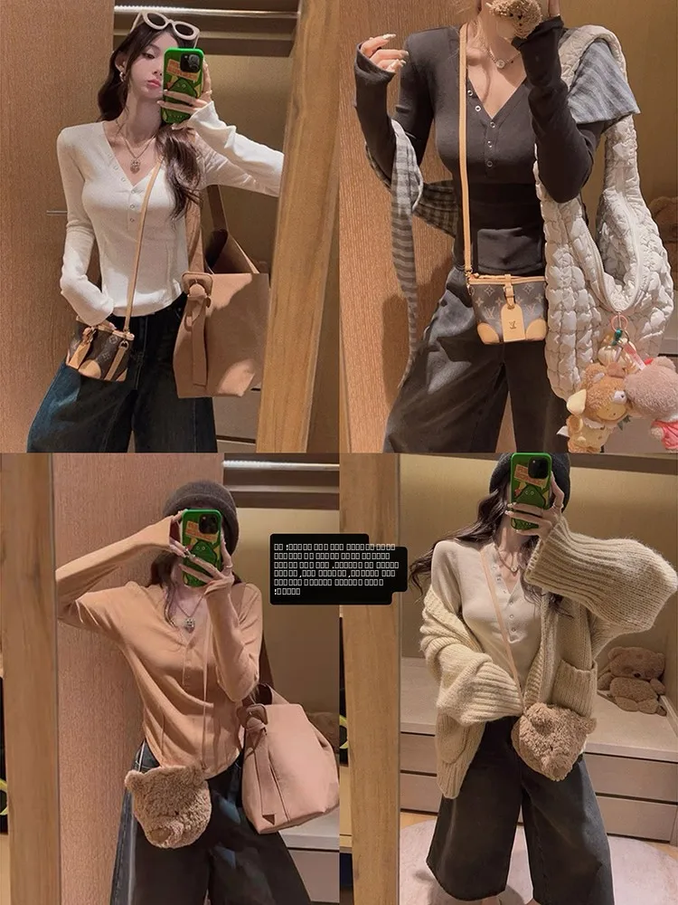 

Женская трикотажная футболка Yukiss Slim Fit с длинным рукавом и V-образным вырезом, осенний модный дизайн, базовая модель, повседневный корейский стиль