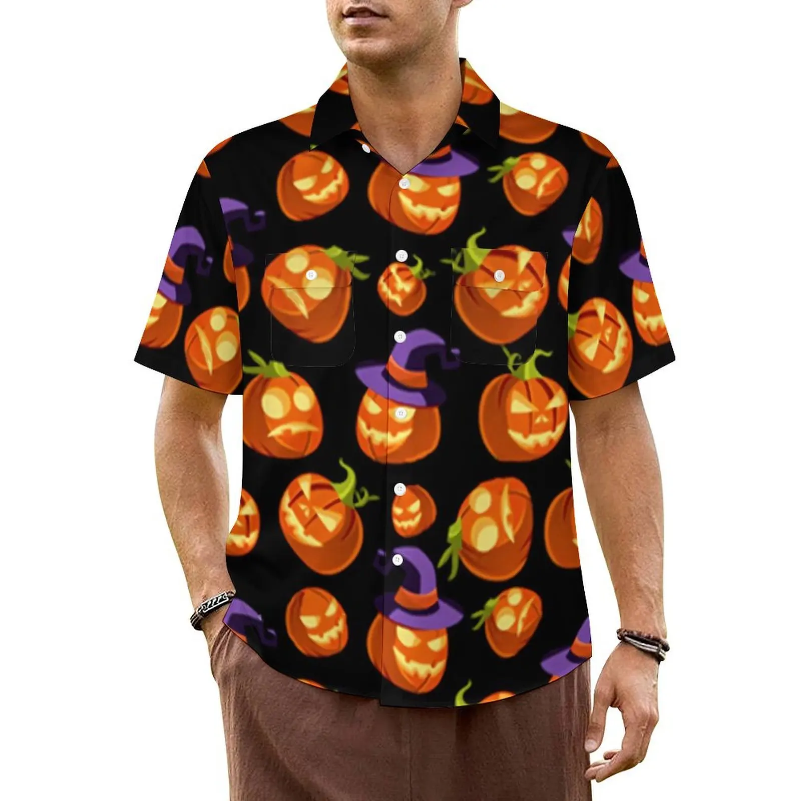 

Cute Pumpkin Hawaiian Shirt For Men Beach Scary Halloween Casual Shirts Short Sleeve Street Graphic Elegant Oversized Blouses