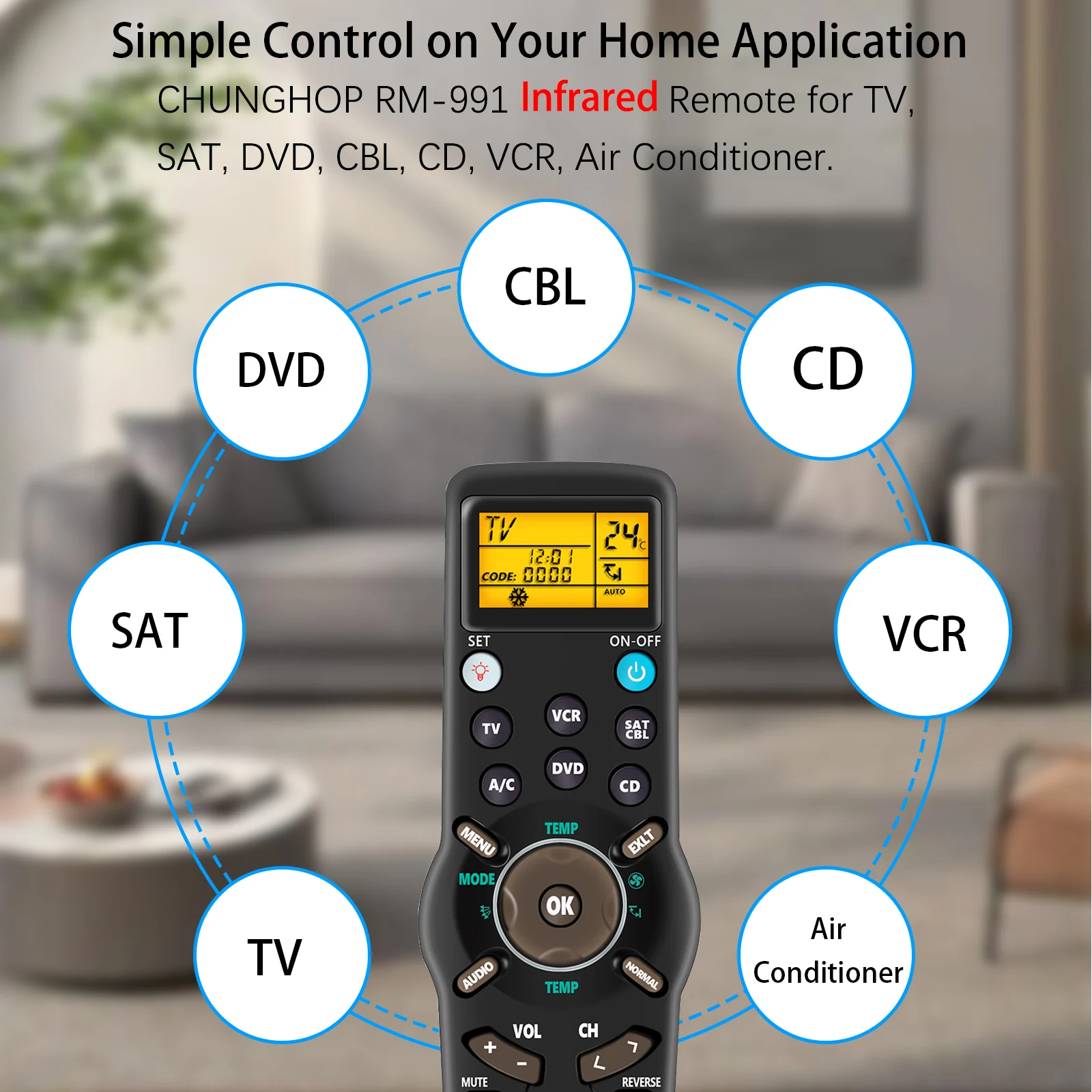 6 in 1 RM-991 Universal Remote Control Learning Copy Code Set for TV/SAT/DVD/CBL/CD/AC/VCR with Backlight CHUNGHOP