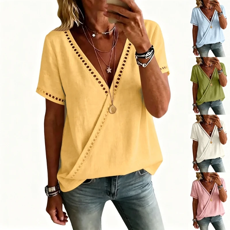 Women's V-Neck Short Sleeve Blouses, Elegant and Casual Blouses 6XDA