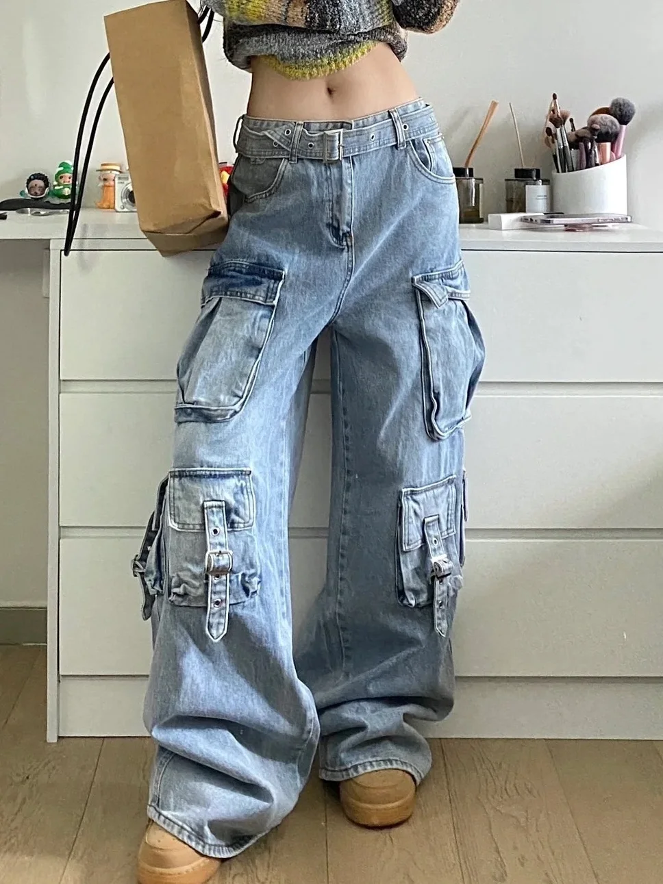 Techwear Pocket Baggy Jeans with Belt Women Denim Pants y2k clothing plus size cargo streetwear harajuku loose wide leg straight