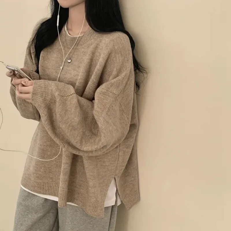 후드 스웨터, 가을/겨울 라운드 넥 스웨터, 루즈하고 여유로운 중간 길이 스타일, 슬릿 두꺼운 니트 스웨터