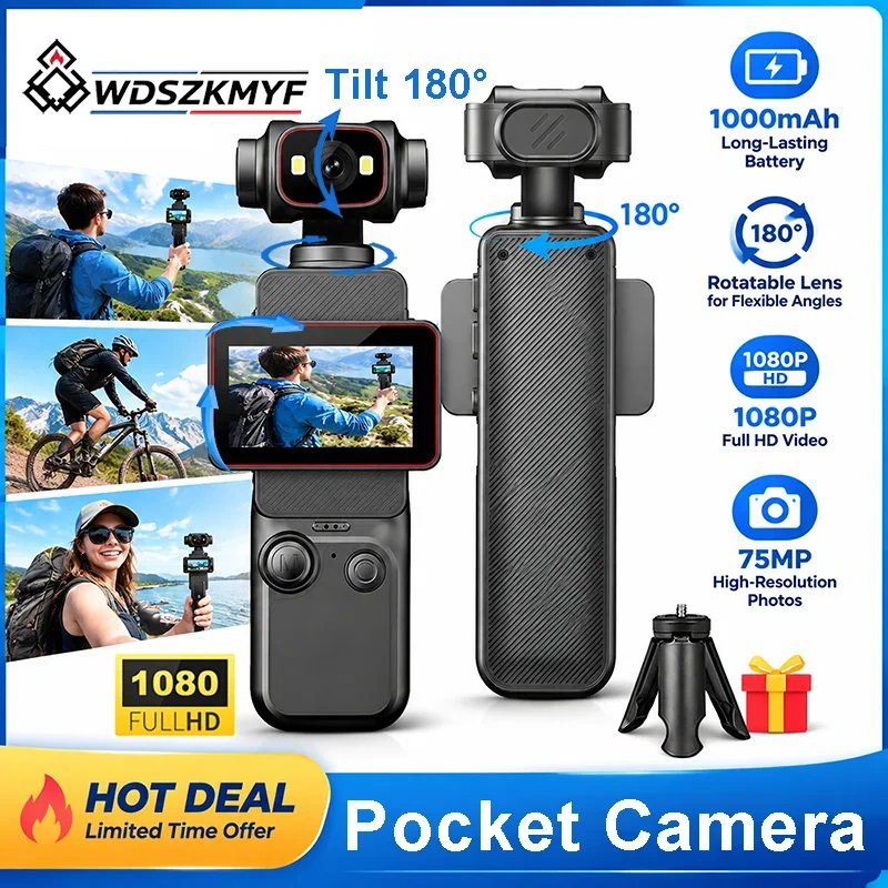 1080P Action Camera 180° Lens 90° Flip Screen Portable Cam for YouTube Vlog Entry Video Recording Photographic Camera for Car