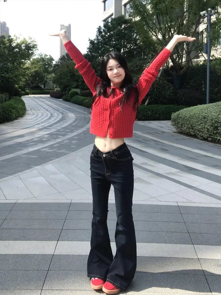 

Американские расклешенные джинсы с низкой талией в стиле ретро, женские пряные тонкие свободные широкие брюки, осень-зима, новые облегающие джинсовые брюки