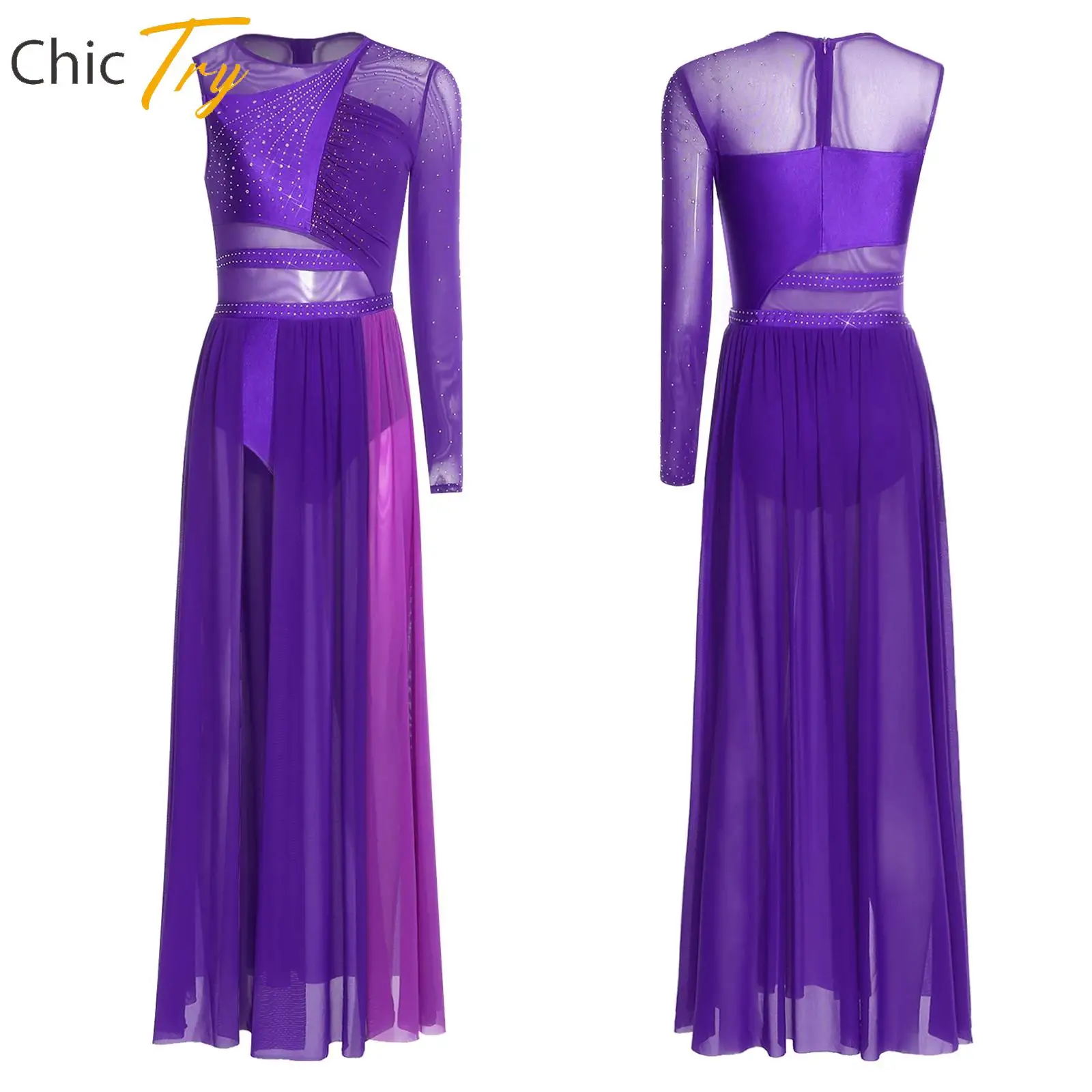 

Womens Adult Ballet Lyrical Costume Contemporary Dress Rhinestones Side Split Mesh Dress Stage Performance Clothes Dance Wear