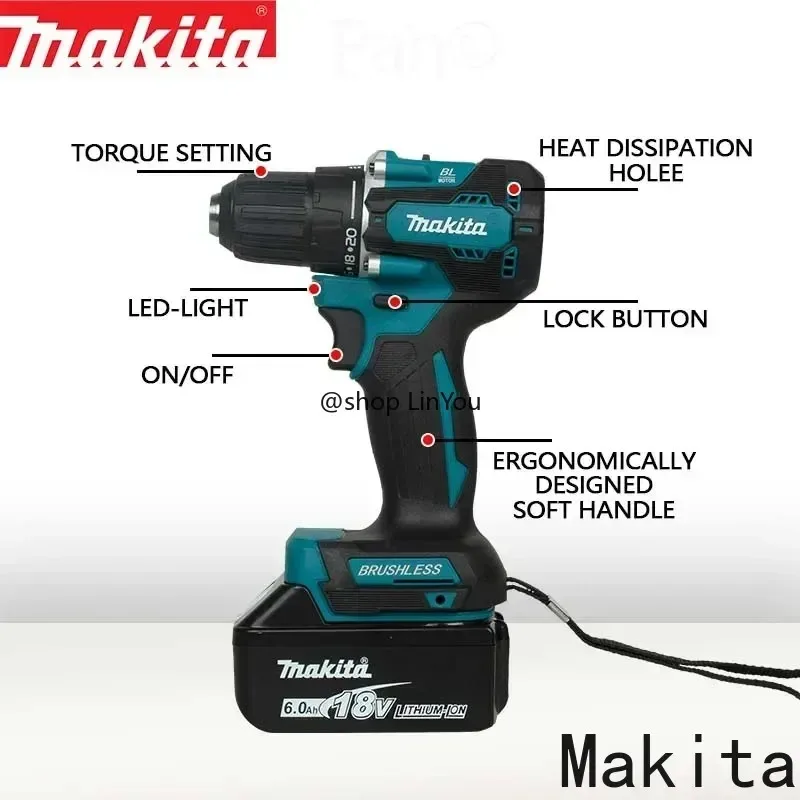 Originální akumulátorový šroubovák Makita DDF487, bezkartáčový elektrický rázový šroubovák, 18V, dobíjecí baterie pro elektrické nářadí Makita - náhled 6