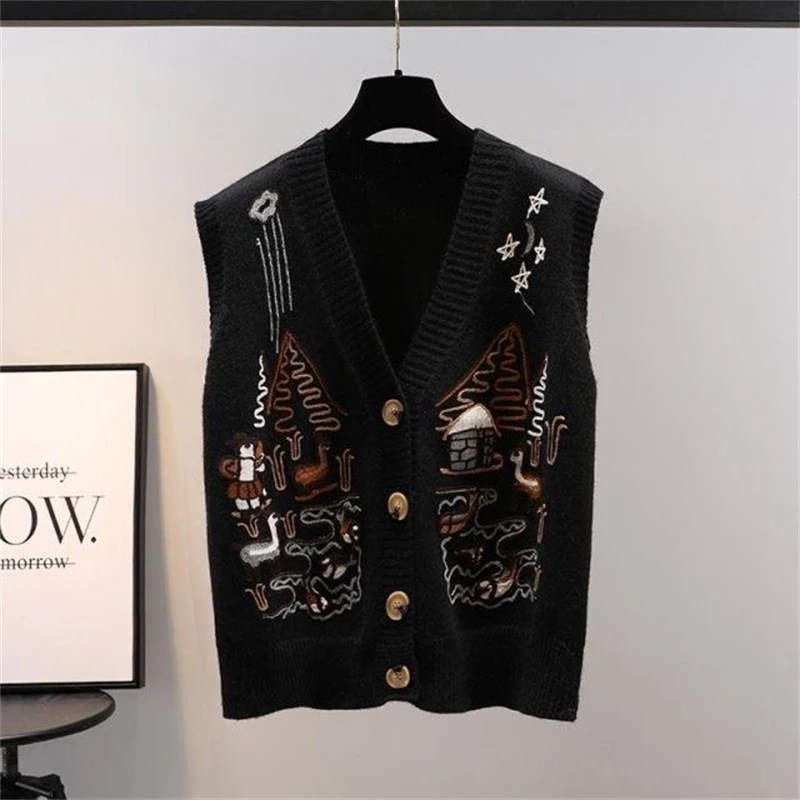 New Women Vintage Embroidery Outewear Button Cardigan Harajuku Y2K Knitted Sweater Vest Trendy V Neck Sleeveless Loose Waistcoat