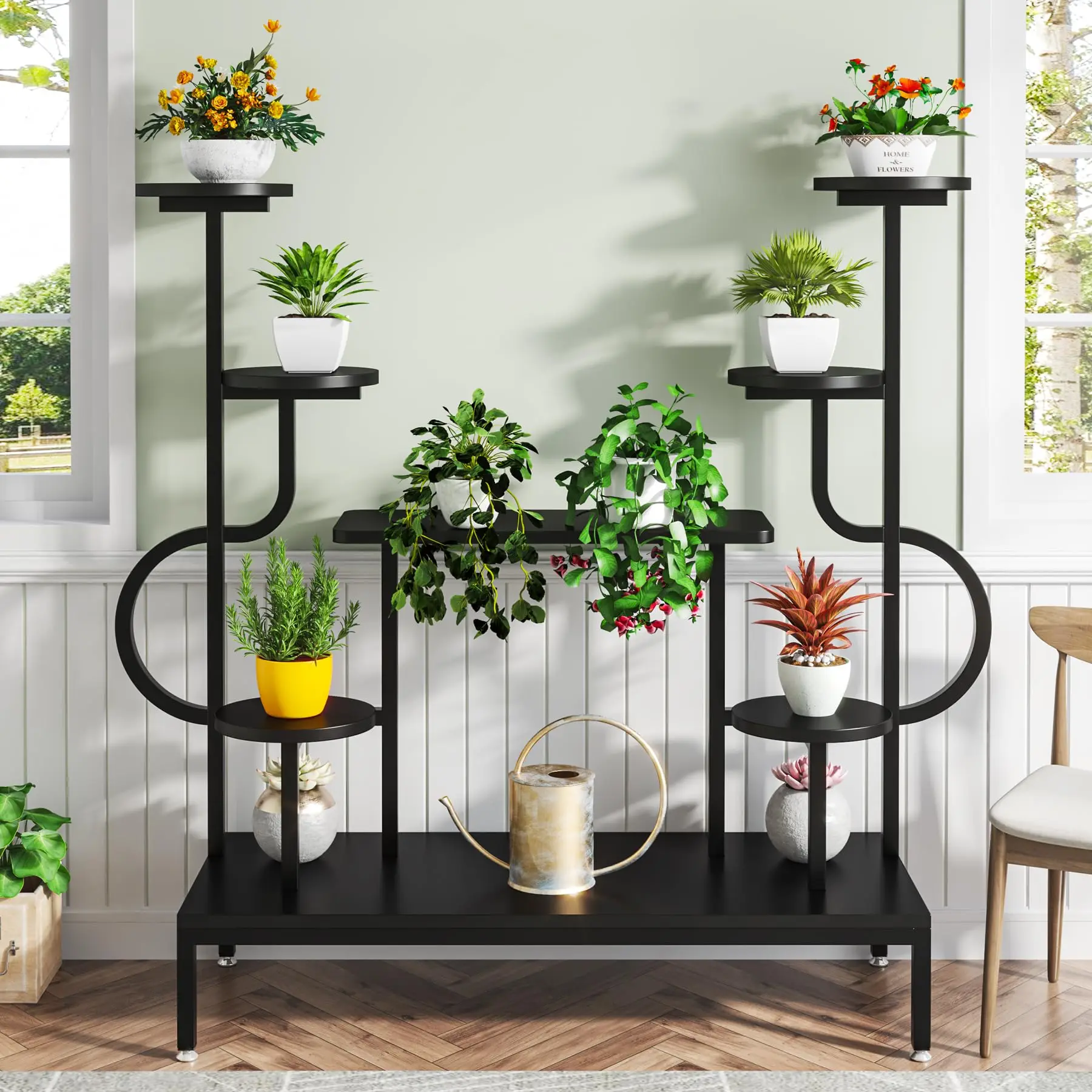 Tribesigns 8-Tier Metal Plant Stand, Large Tall Plant Shelf for Multiple Plants, Round & Square Boards, Wood Indoor Ladder Holde