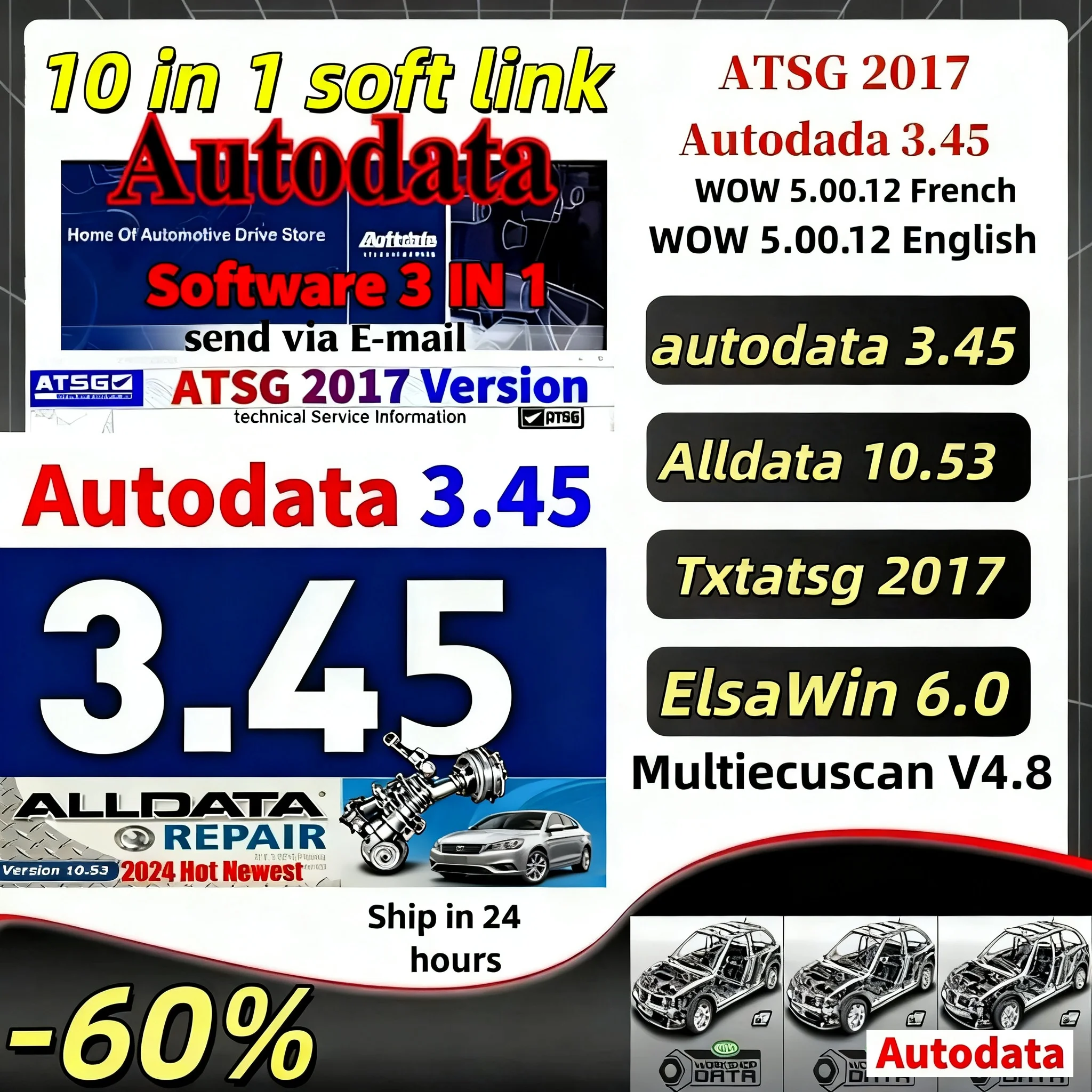 

New Alldata 10.53 Software Autodata 3.45 Auto+com V2021.11 Delphis 2017 R3 ATSG Vivid 2018 ElsaWin 6.0 WOW 5.00.12 English