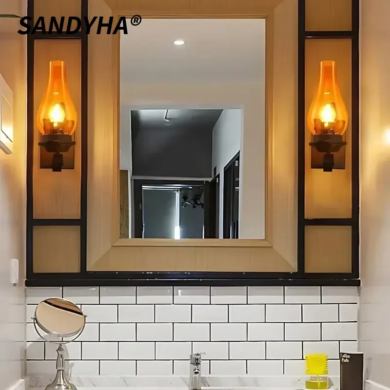 

SANDYHA Iron Wall Lamp Glass LED Light for Restaurant Bedroom Bar Corridor Living Room Art Decor Lighting Fixture