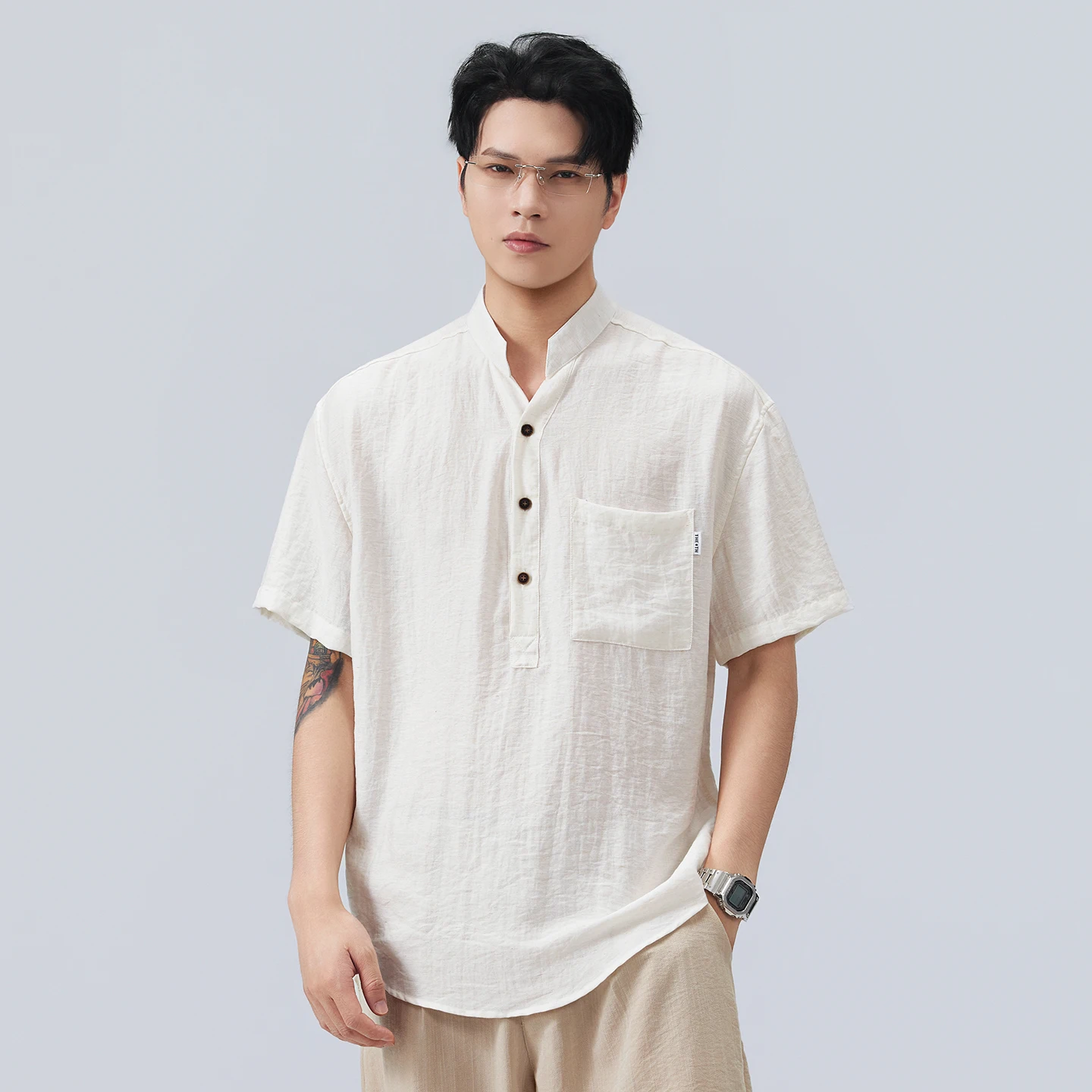 Summer New Style Men's V-neck Fashion Linen POLO Shirt Top- Simple and Casual with Plain Texture