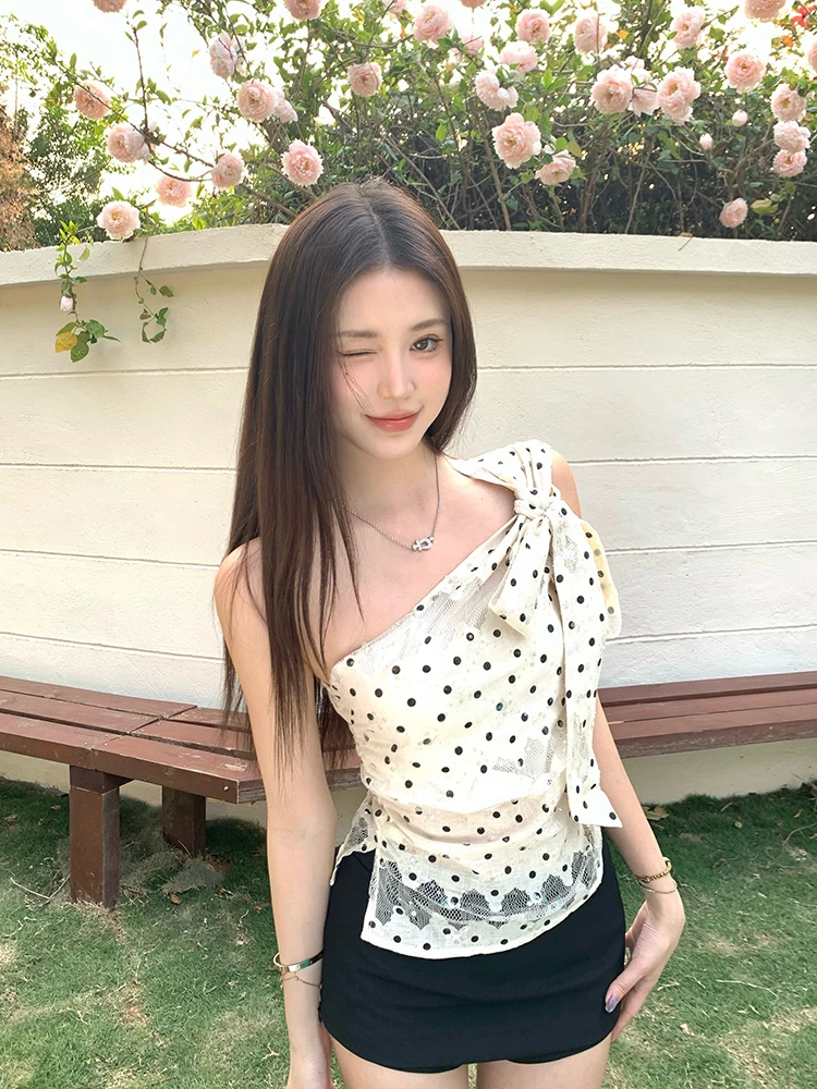 

Футболка Pure Desire с кружевом, завязками на талии и открытыми плечами, в корейском стиле, с принтом, короткий рукав, для повседневной носки