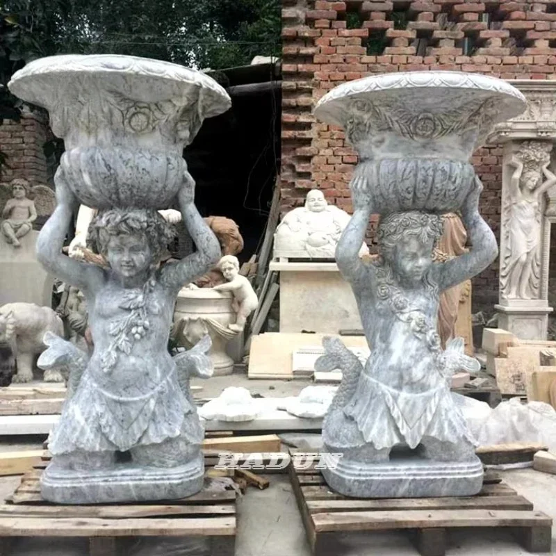 Outdoor Hand-Carved Character Sculpture Marble Flower Vase Statue Large Planter