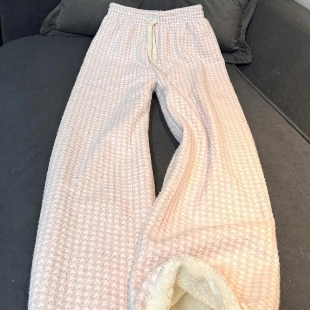 2025 Simple Fleece Plaid Pants for Women Winter College Style Youthful Straight Wide-Leg Pants