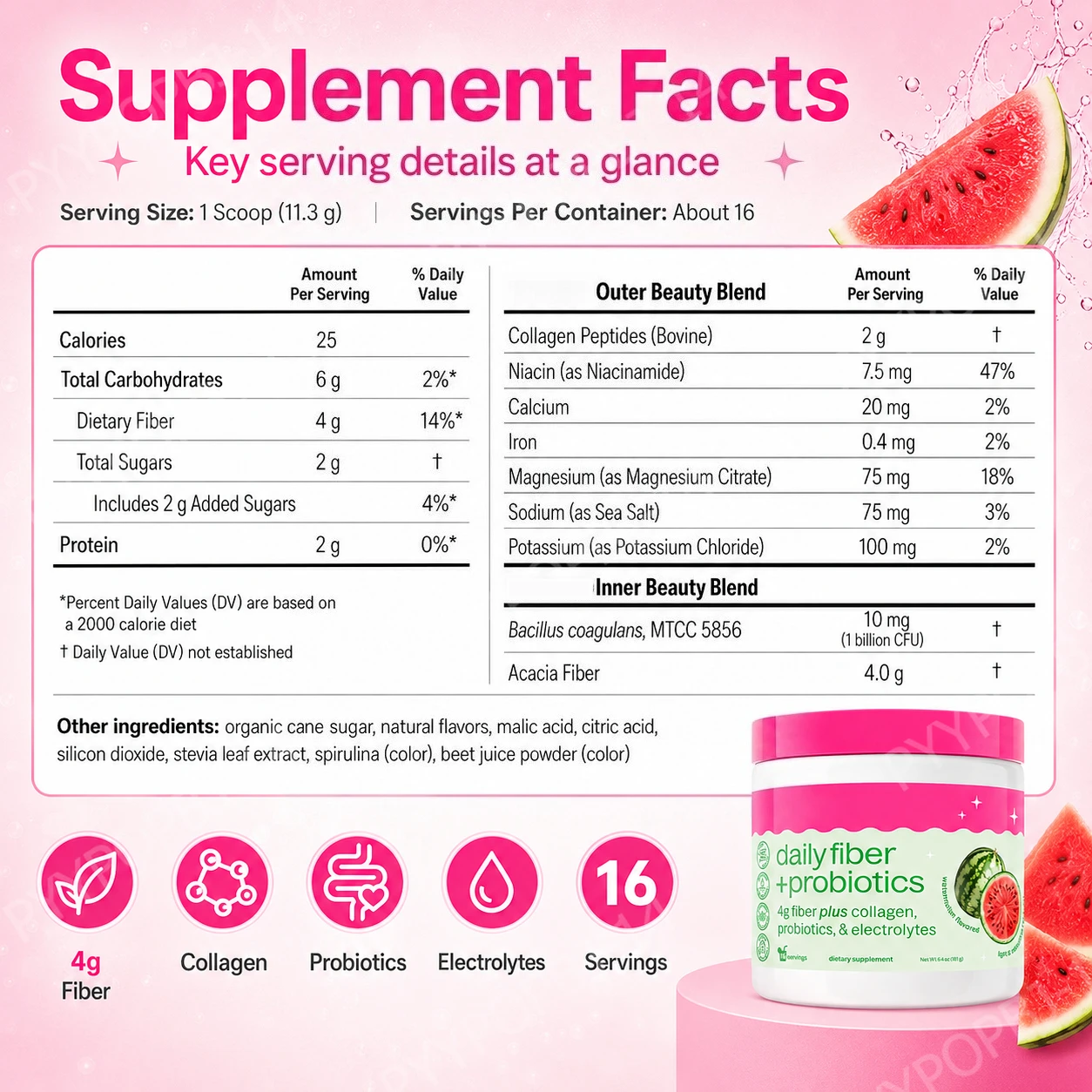 Fiber Probiotics Powder,Support Gut Health&Digestion,Boost Skin Radiance,Hydrating Electrolytes&Collagen,Watermelon Flavor 181g