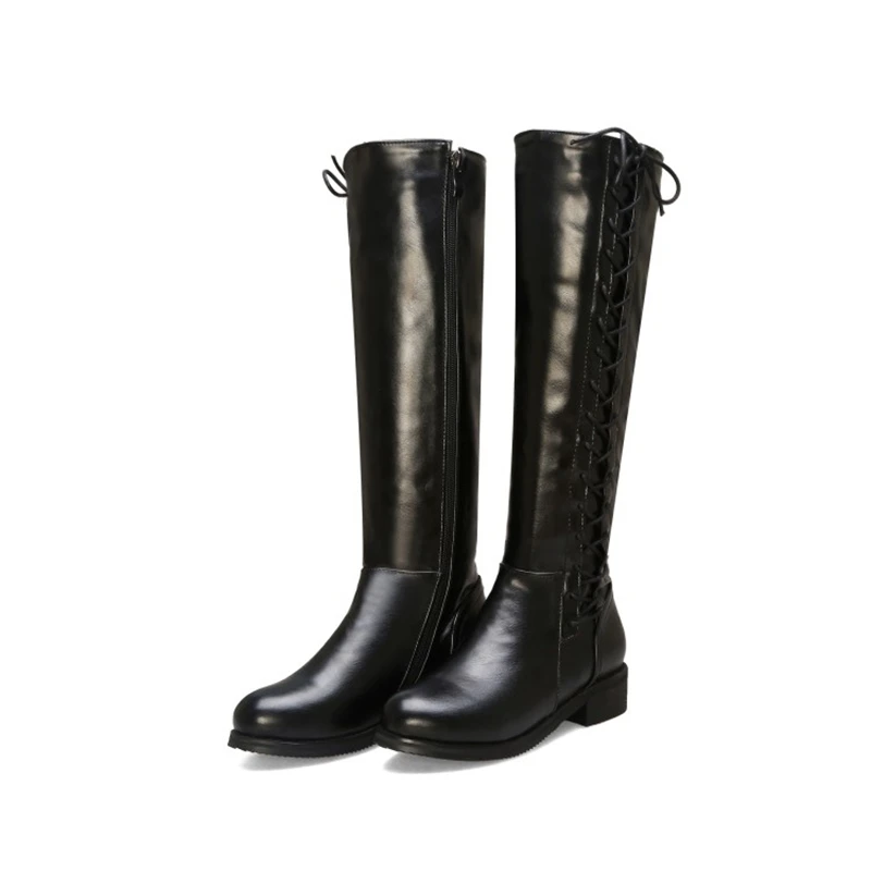 

ORCHALISA Women's Knee High Boots Pointed Toe Flat Heel Cross-Tied Decor Black Big Size 45-46 Women shoes Casual Fashion