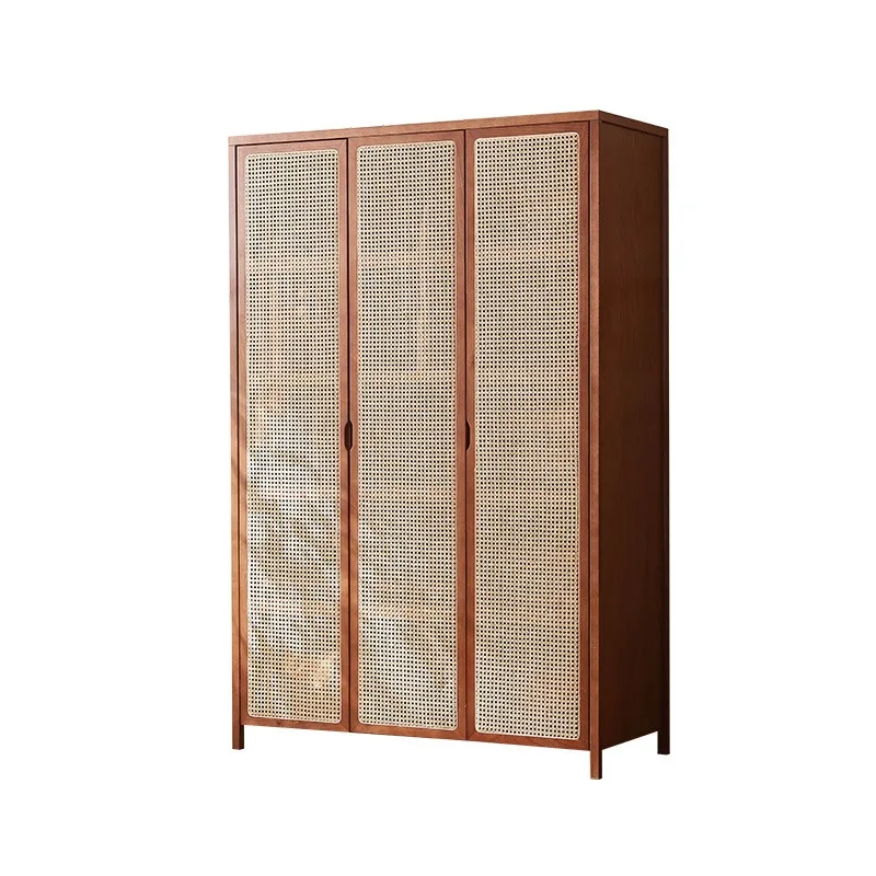 Solid wood rattan wardrobe, small household three-door locker