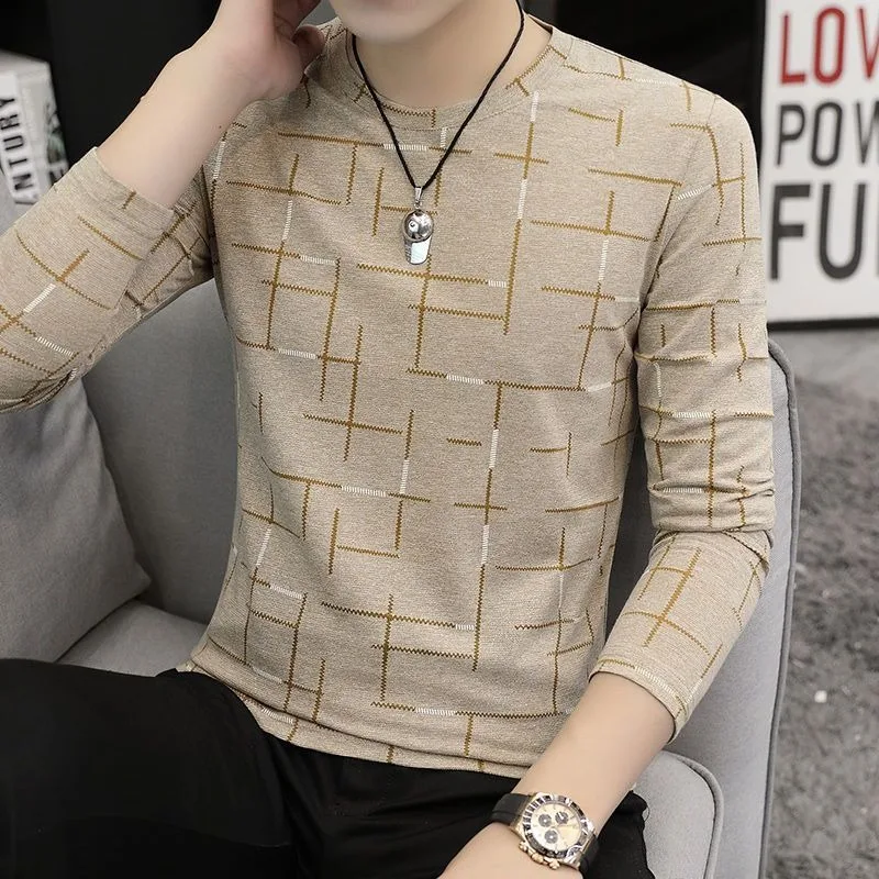 Khaki Square Grid Print Short Sleeve T Shirt Casual Cotton Basic Men Top