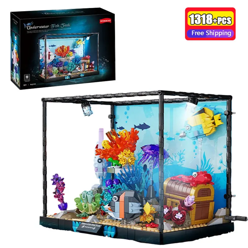 

1318PCS KQ105 Underwater Fish Tank Building Blocks Ocean Aquarium Desktop Decor Toy LED Light Christmas Gift for Adult Males