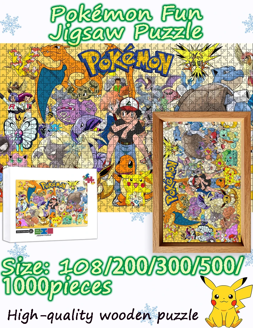 Pokémon Pikachu 108/200/300/500/1000 pezzi gioco puzzle pavimento in legno, regalo portatile di alta qualità per feste, divertente