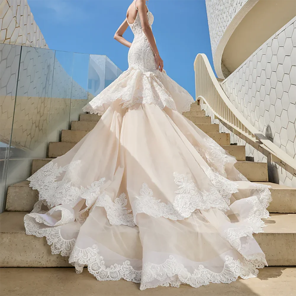 Luxo querida renda sem mangas em camadas sereia vestidos de noiva vestidos de noiva personalizados