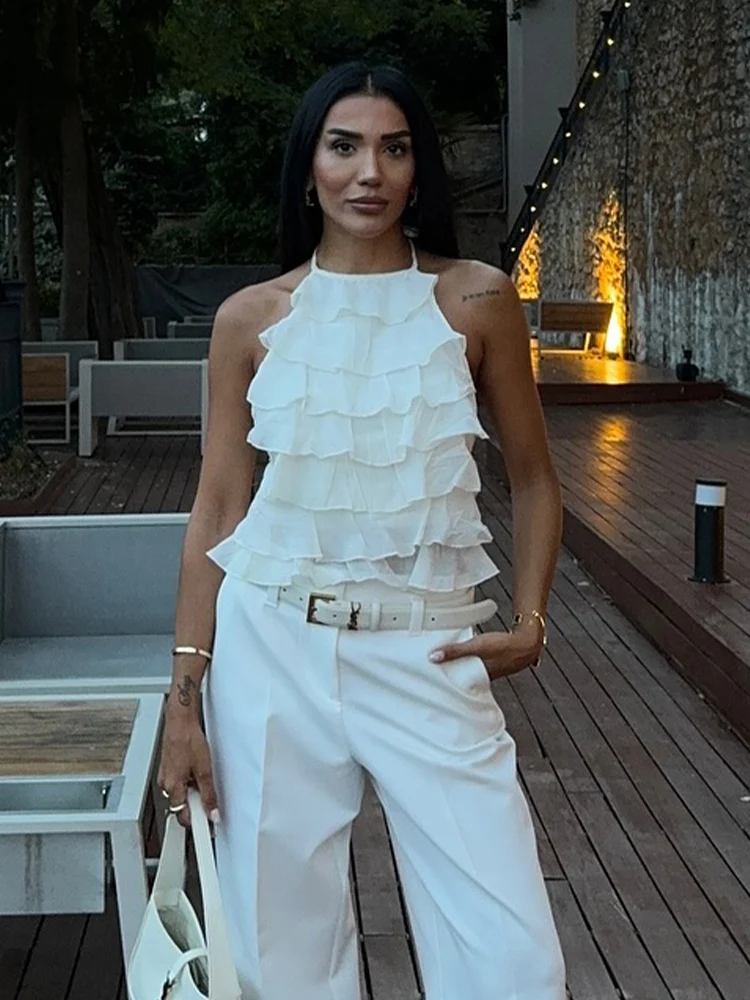 

TRAFZA 2024 Summer Women Sexy Sleeveless Backless Casual Short Top Woman Layered Ruffles Halter Neck Lace Up Solid Top Y2k