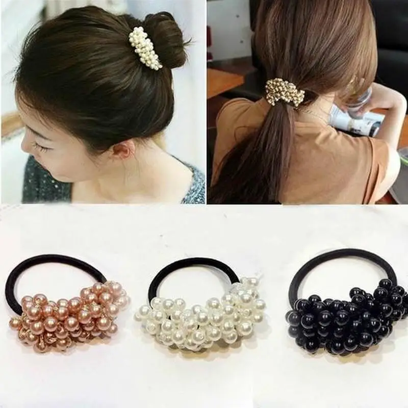 Women Hair Accessories Pearls Beads Headbands Ponytail Holder Girls Vintage Elastic Hair Bands