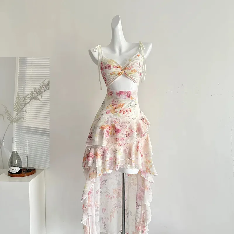 ฤดูร้อนผู้หญิงวันเกิดพรหมชุด Cami Midi Coquette ภาษาฝรั่งเศสคํา Vintage Hollow Out วันหยุด Frock ชุดราตรี One - Piece Party ความงาม