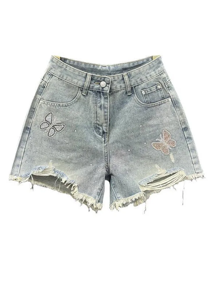 Jeans curto e pesado de borboleta feminino, borla com broca quente, solto, perna larga, shorts jeans de luxo, moda verão 2022