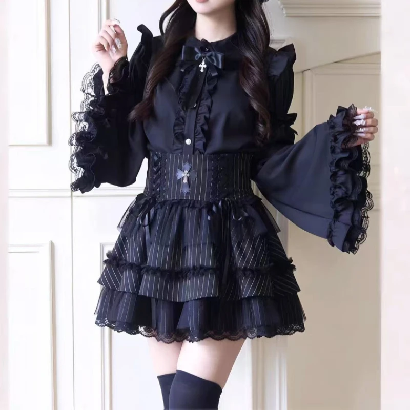 딥타운 로리타 일본 스타일 블라우스 여성 레이스 패치워크 하라주쿠 러플 셔츠 Y2K 스위트 화이트 긴팔 블라우스 에스테틱