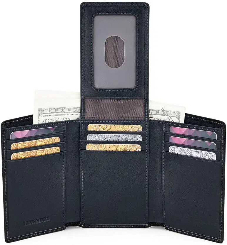 VANNANBA Mens Genuine Leather RFID Trifold Wallet With ID Window Credit Card Pockets (brown)