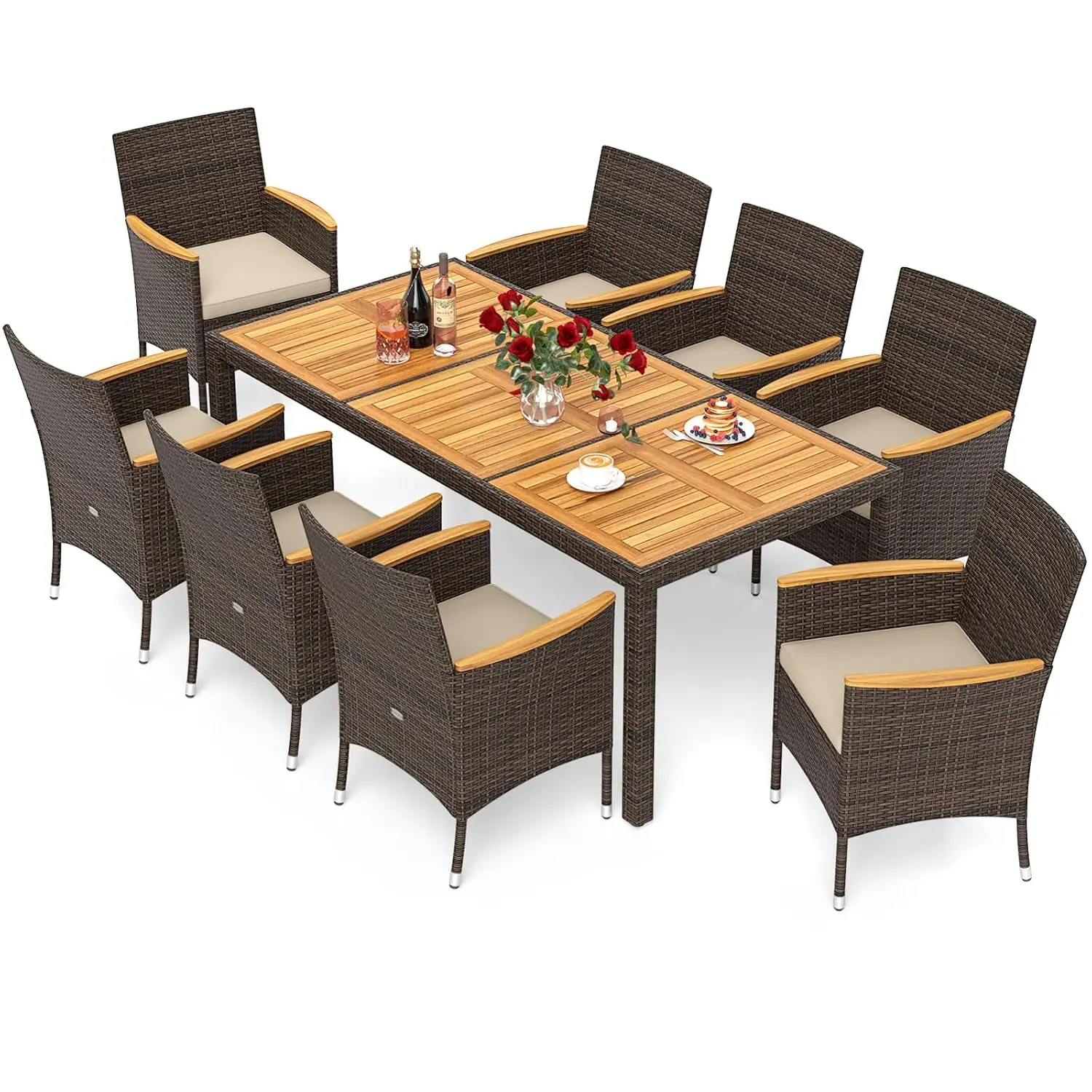 9-Piece Rattan Dining Set, Acacia Wood Table with Cushioned Wicker Chairs & Umbrella Hole, Patio Furniture for 8,Customized