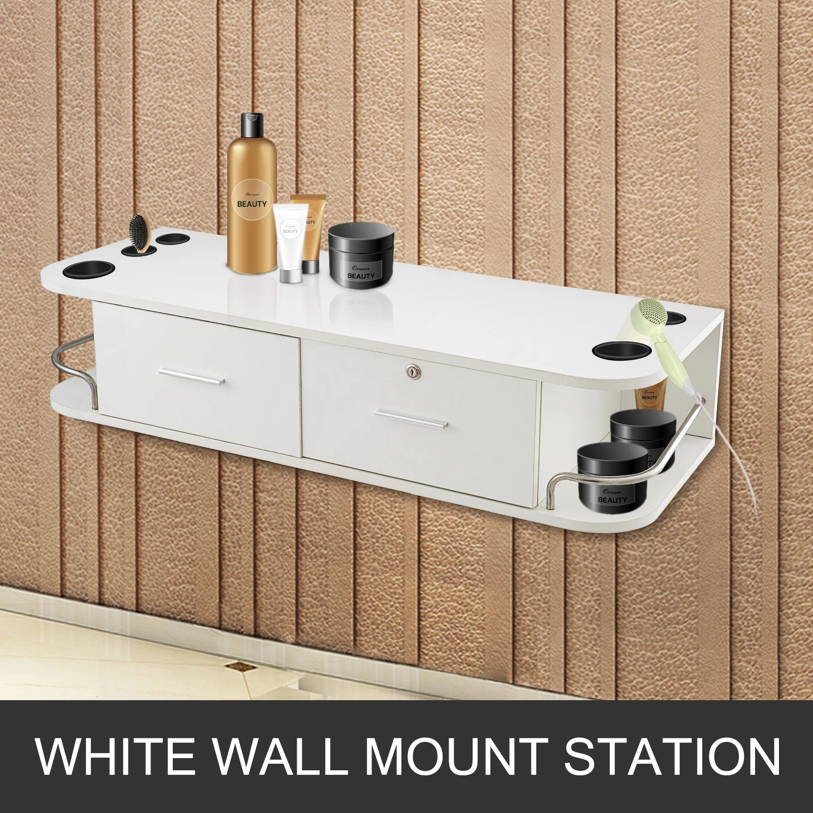 VEVOR White Wall Mount Styling Station Classic Locking 2 Drawers Storage Beauty Salon Container 5 Hair Dryer Holes Locking Cabin