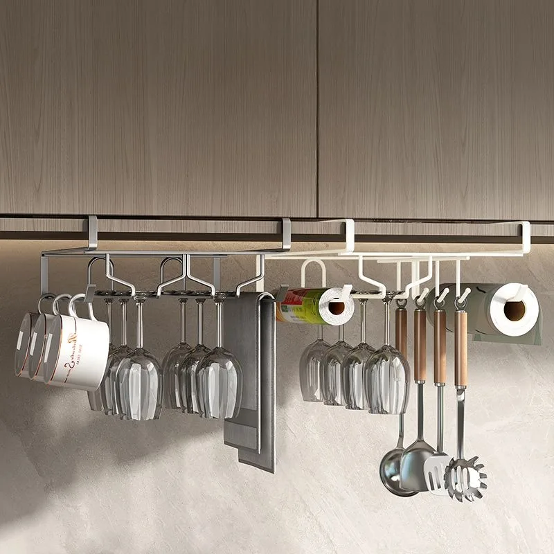 Kitchen Wine Glass Storage Holders Hanging Under the Cabinet Mug Organize Rack Metal Punch-Free Kitchen Paper Plastic Wrap Shelf