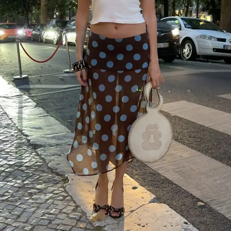 Damskie letnie spódnice midi w stylu Y2K vintage w grochy z bocznym zamkiem, wysokim stanem, przezroczystą siateczką, z nieregularnym dołem w kształcie litery A.