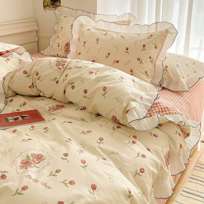 Four-Piece Geometric Pattern Printing and Dyeing Color Matching Lace Household Bedding Pure Cotton Quilt Cover for Women Single