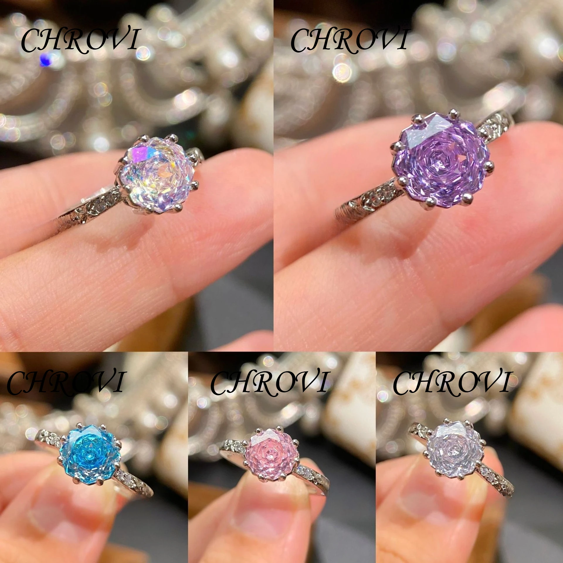 French Style 925 Sterling Silver Vintage Handmade Brushed Octagonal Millennium Rose Ring with Colorful Diamonds ，jewelry