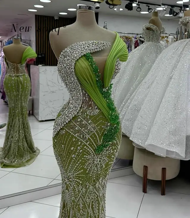 Verde longo formal sereia vestidos de noite com cristais personalizado 2026 um ombro recepção casamento jantar festa vestidos