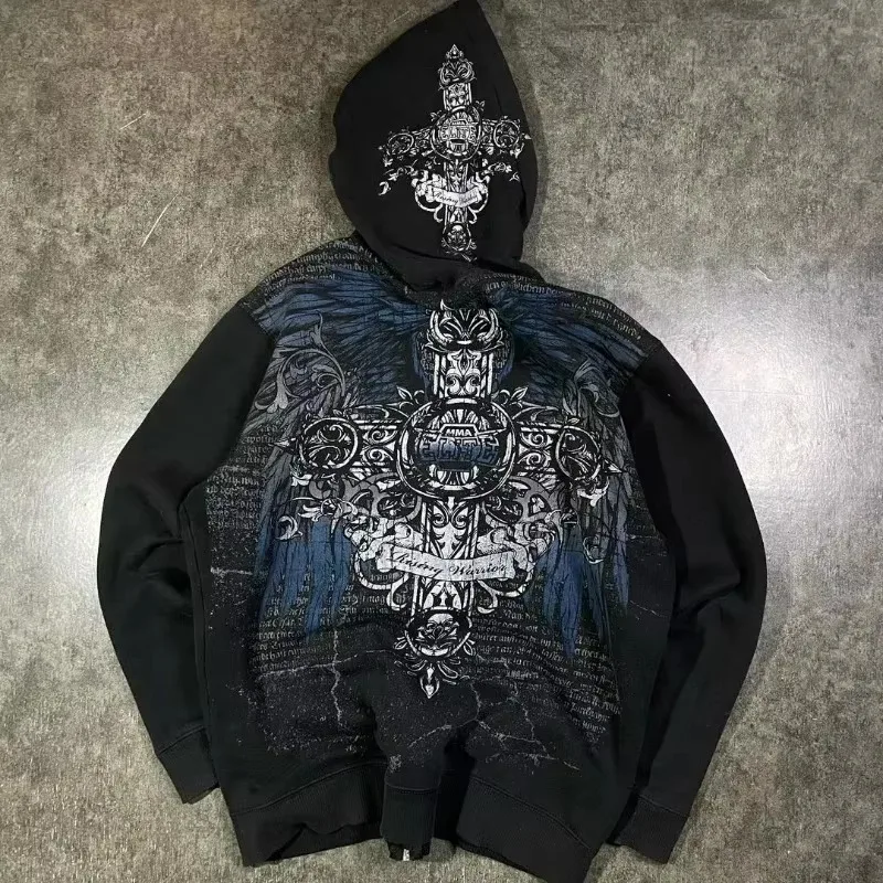2026 Vintage Gothic Totenkopf Kreuz Flügel Reißverschluss-Hoodie Unisex Oversized Langarm Y2K Heavy Metal Punk Streetwear Jacke für Kinder – Detail 6