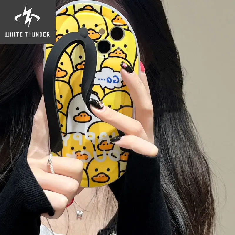 INS Korean Funny Cute Cartoon Yellow Duck 3D Flip Flops Phone Case For IPhone 13 12 11 Pro Max Animal Shockproof Soft Back Cover