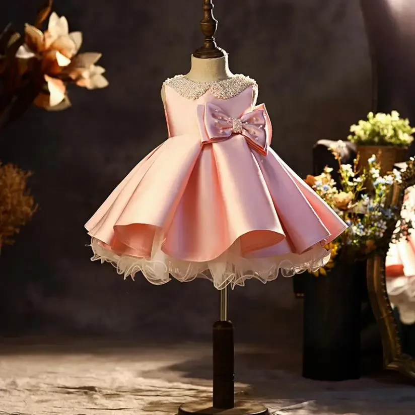 

Baby Baptism Clothing Bow Beading Design Birthday Party Ball Gown Girls Christening Princess Dresses For Eid Vestidos