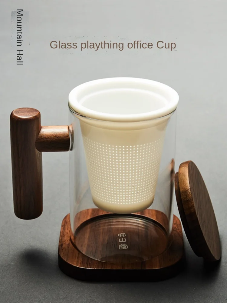 Glass Tea Water Separation Ceramic Inner Pot Strainer Tea Brewing Cup Office Wooden Handle Mug with Lid