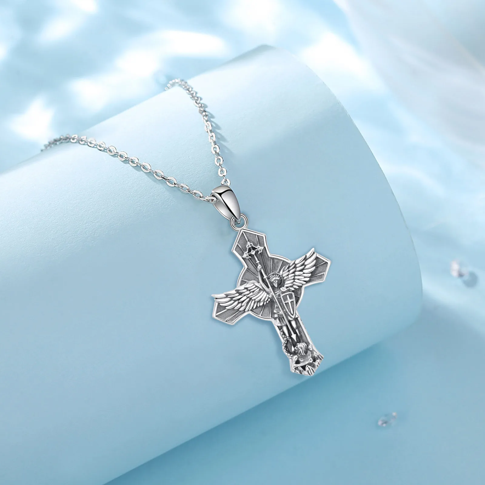 Eudora New 925 Sterling Silver St. Michael Archangel Necklace for Men Women Vintage Wing Cross Pendant Religious Jewelry Gift