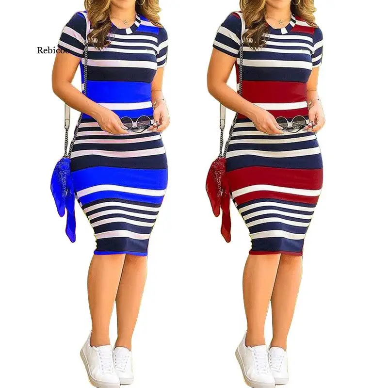 Sexy Women Pack Hip Pencil Dress Bodycon Summer Robe Female Striped Fashion Streetwear  Women Elegant Dress