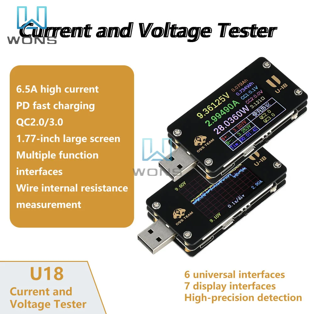 

USB Power Meter Tester Fast Charge Power Tester 1.77-inch HD Display PD QC 3.0 Protocol Voltage Current Multi Tester DC 4-25V