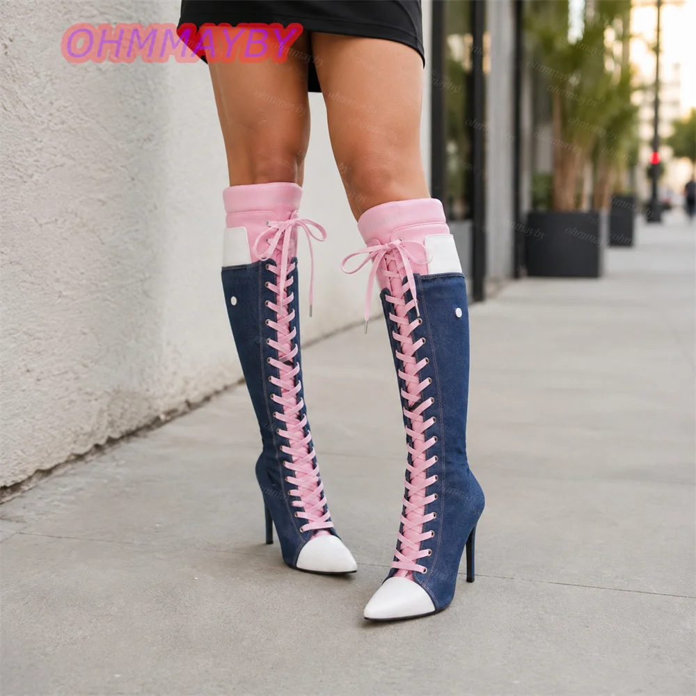 Women Blue Denim Pink Lace Up Knee High Boots Pointed Toe Stiletto High Heel Colorblock Party Boots Fashion Footwear EU Size New