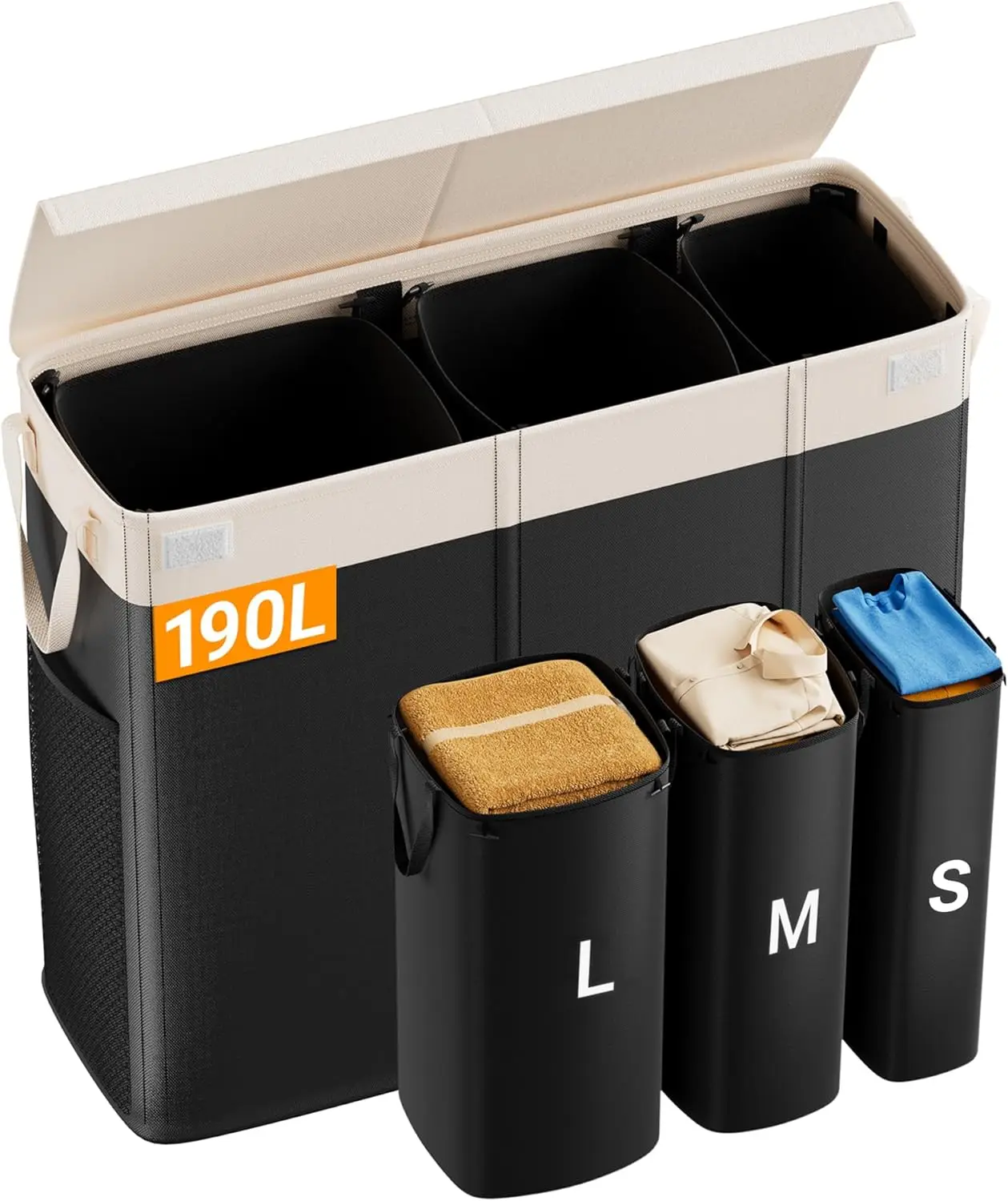 

Большая корзина для белья на 190 л с крышкой, 3 секциями и съемными мешками для удобной сортировки в спальне или общежитии