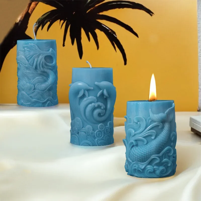 DIY ocean wave foam cylindrical candle silicone mold whale dolphin relief cylindrical candle mould home decor gypsum resin molds